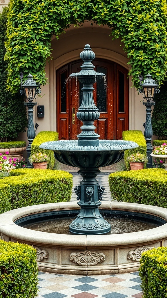A vintage cast iron fountain surrounded by greenery and colorful flowers.