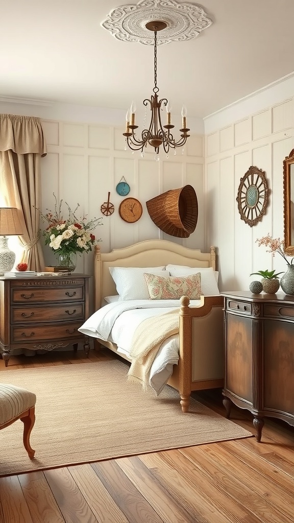 A cozy vintage bedroom featuring antique furniture, warm wood tones, and charming decor.