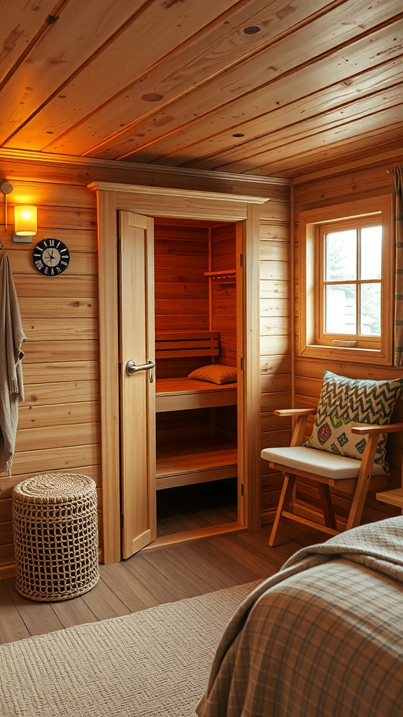 A cozy bedroom with a vintage sauna, featuring wooden walls, a sauna door, a chair, and a woven basket.