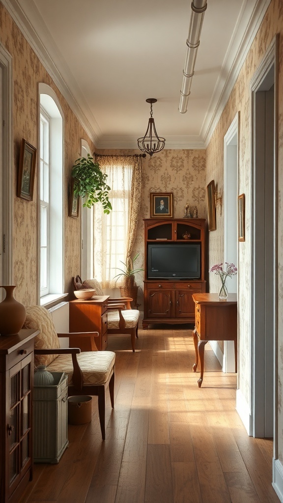 A vintage-style bungalow hallway with wooden floors, elegant furniture, and soft lighting.