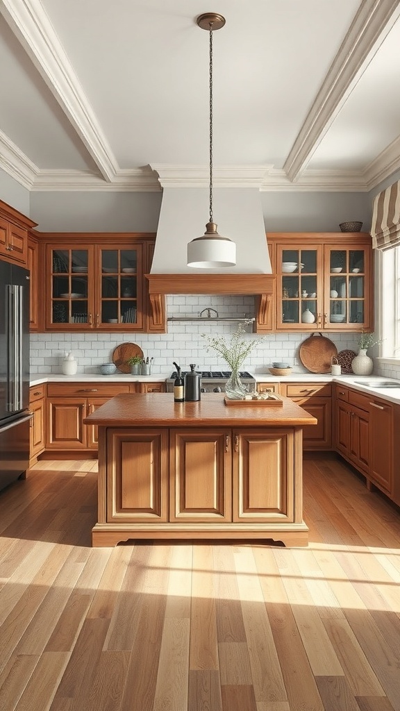 A modern kitchen with vintage wooden cabinets and a central island, featuring natural light and stylish decor.