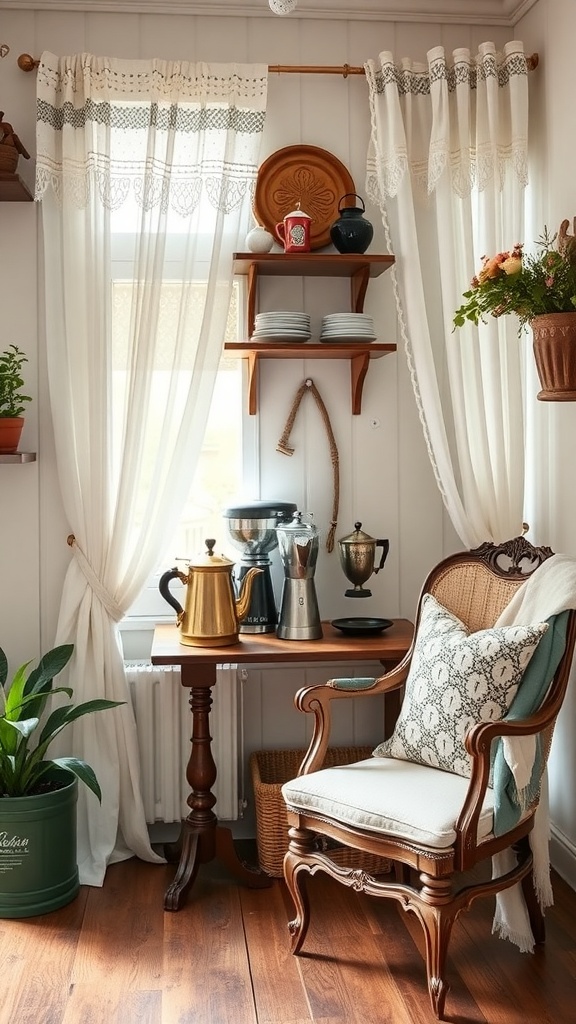 A charming coffee nook featuring antique decor, a wooden table, and a cozy chair.