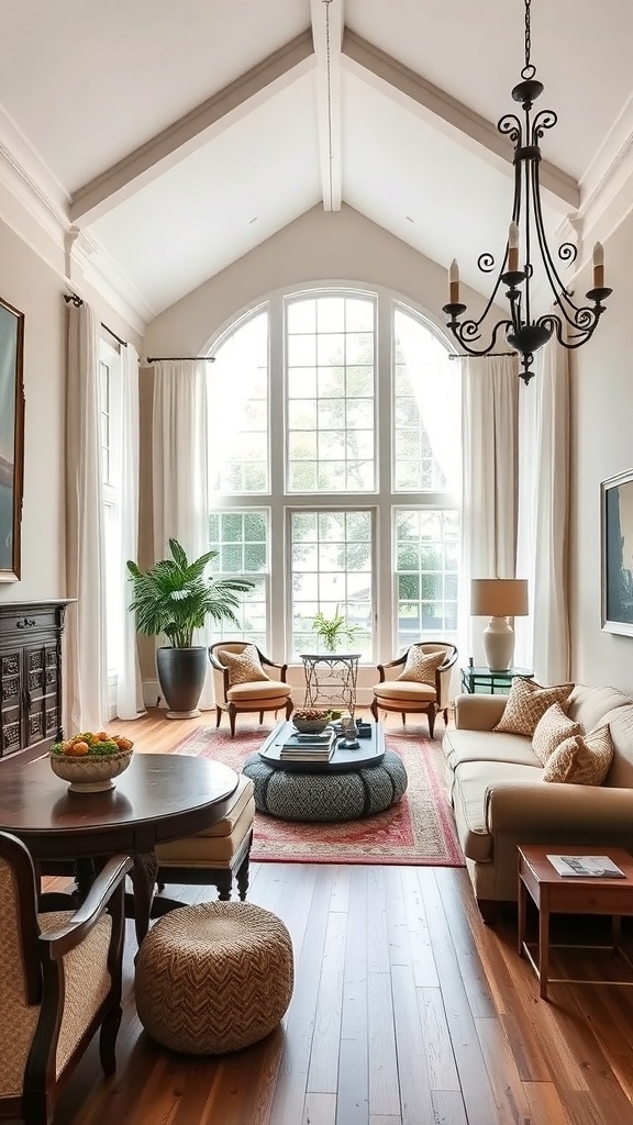 A spacious living and dining room with high ceilings, large windows, vintage furniture, and modern decor elements.