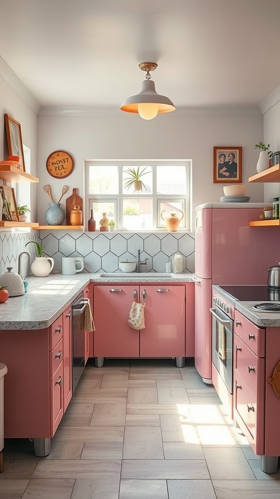 A cozy kitchen featuring pink retro appliances, white countertops, and wooden shelves.