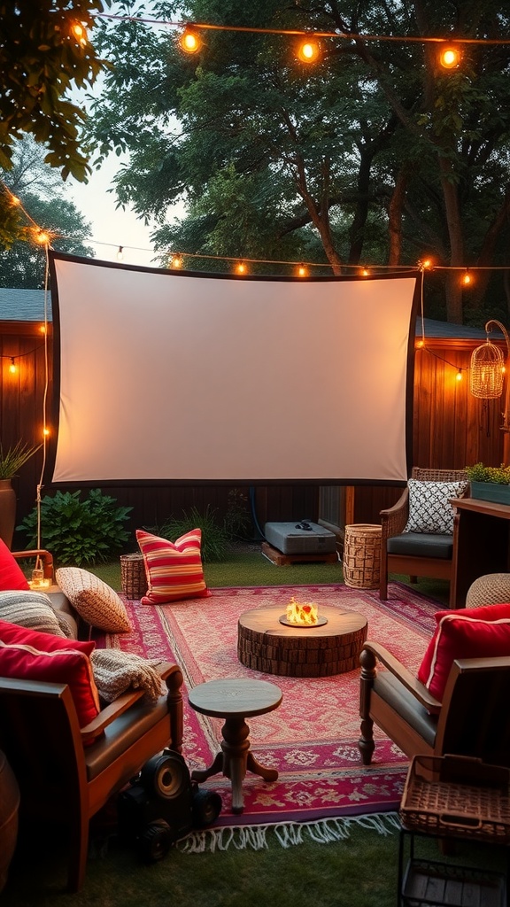 Cozy outdoor cinema setup with a large screen, string lights, and comfortable seating.