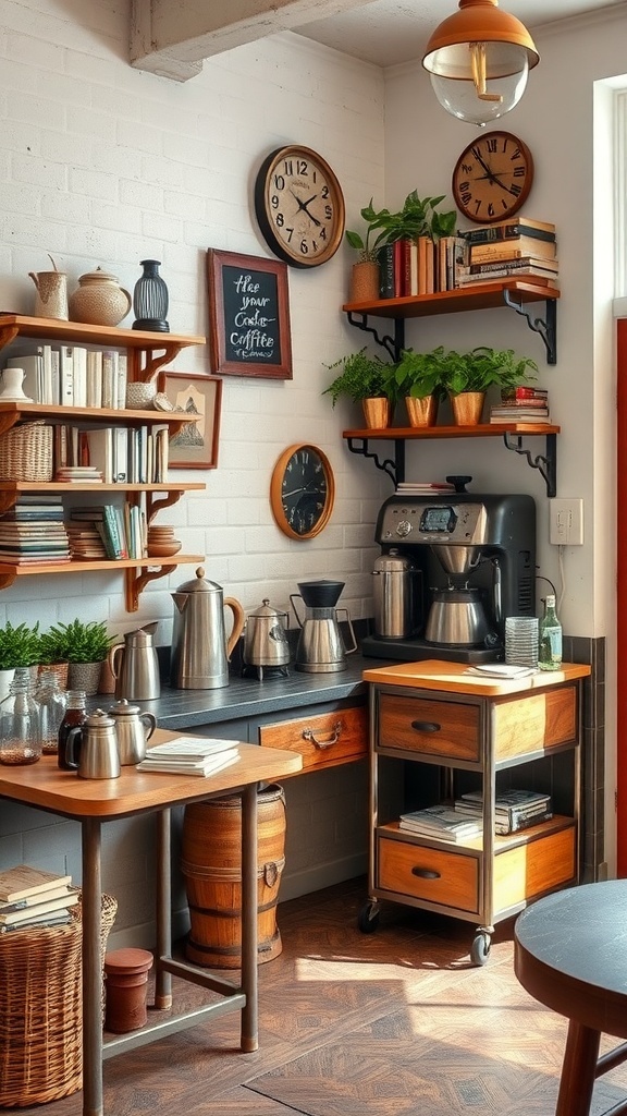A cozy vintage coffee bar featuring wooden shelves, antique coffee pots, and plants.