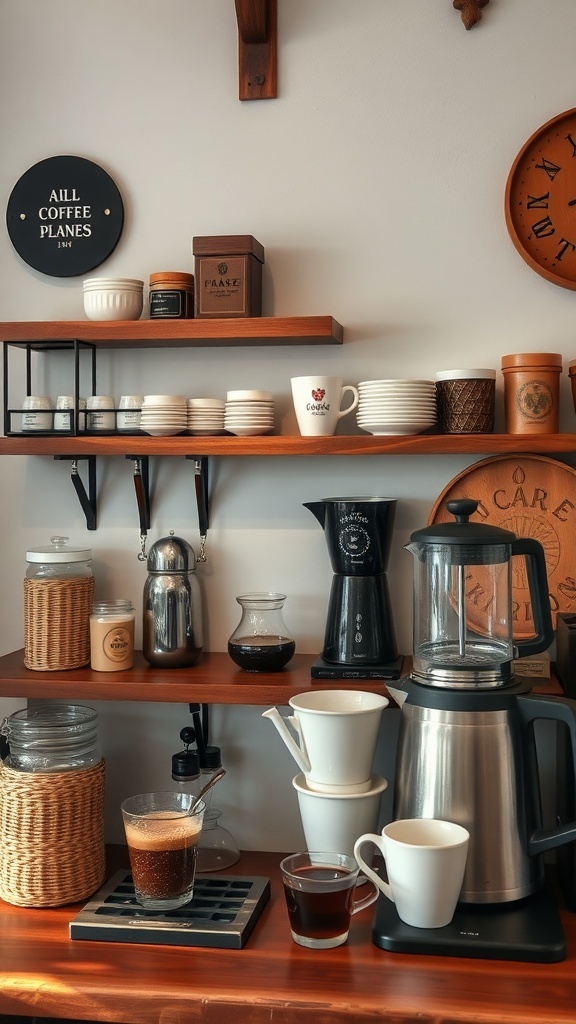 A cozy coffee bar setup featuring vintage brewing equipment, including a French press, pour-over maker, and various cups on wooden shelves.