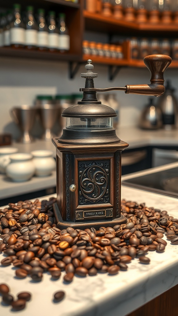 Vintage coffee grinder surrounded by coffee beans on a marble countertop