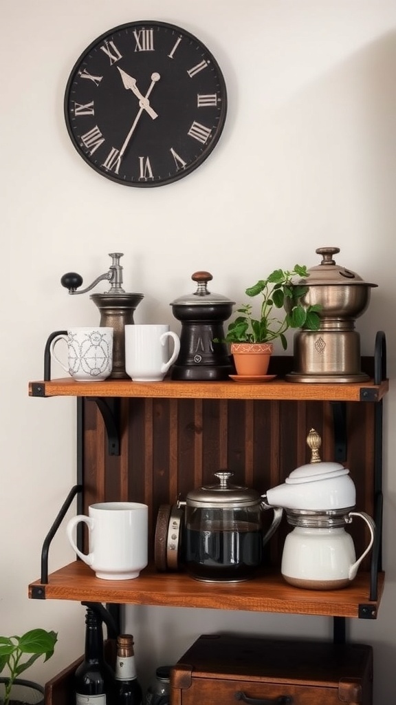 A vintage coffee shelf display with wooden shelves, coffee grinders, mugs, and a clock.
