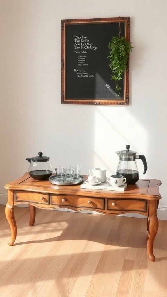 A vintage coffee table with a French press, kettle, and cups, accompanied by a chalkboard and a hanging plant.