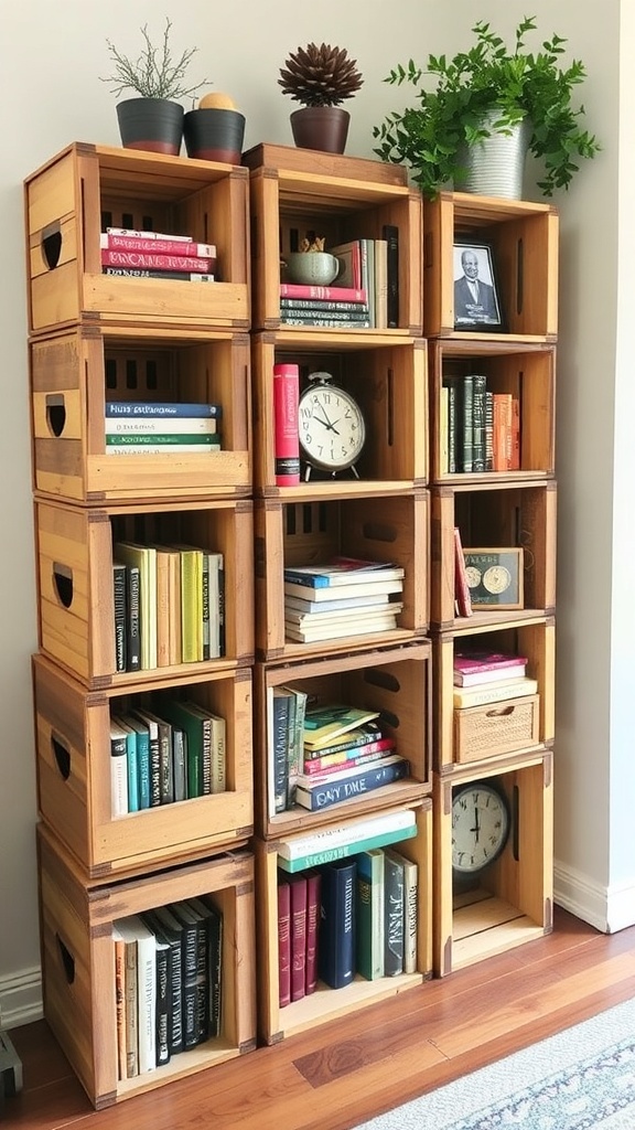A vintage crate bookshelf filled with books and plants, showcasing a cozy and retro aesthetic.