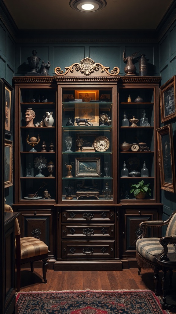 A vintage curio cabinet filled with collectibles and antiques, showcasing intricate woodwork and warm lighting.