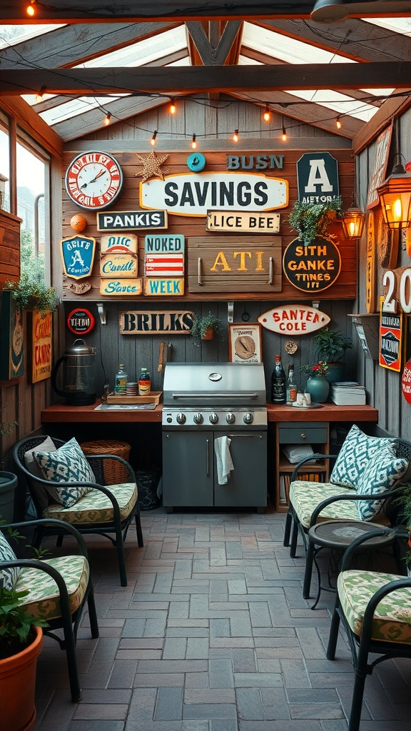 A cozy outdoor grill corner featuring vintage decor with various nostalgic signs, comfortable seating, and string lights.