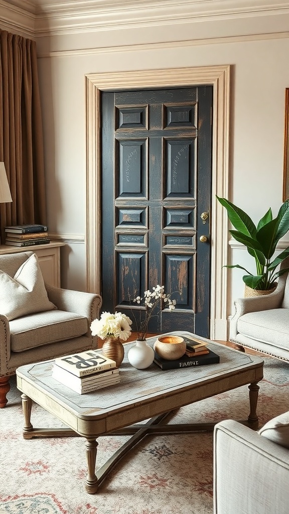 A vintage door repurposed as a coffee table in a cozy living room setting.