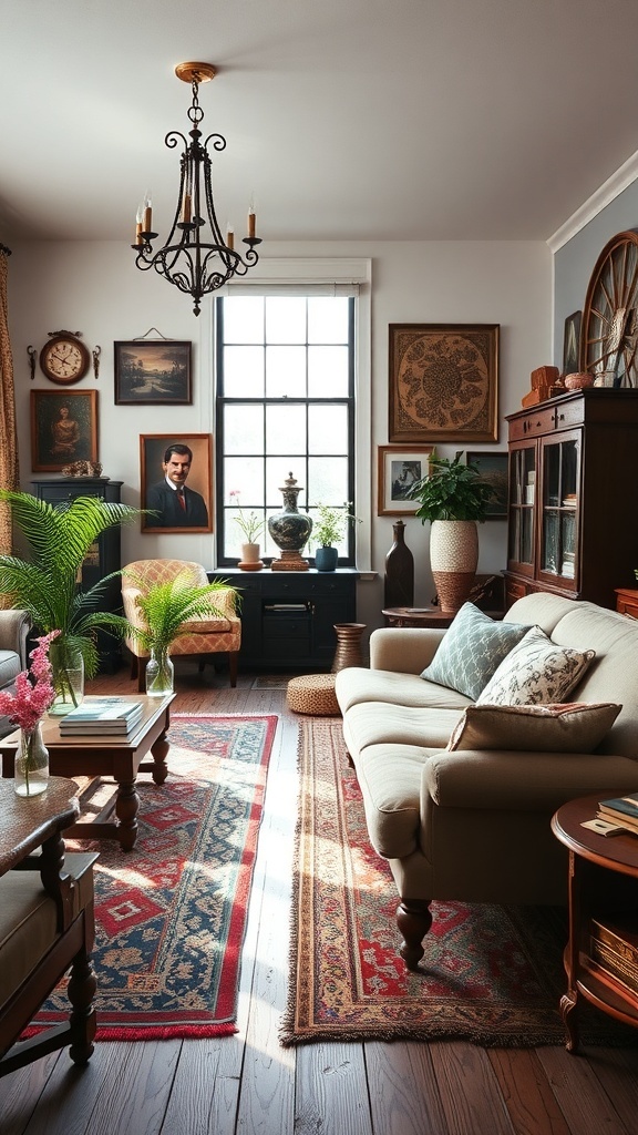 A vintage eclectic living room featuring antique furniture, decorative pieces, and plants, creating a warm and inviting atmosphere.