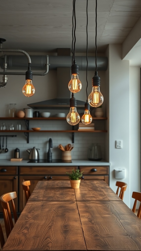 A cluster of vintage Edison bulbs hanging over a wooden dining table in a cozy kitchen setting.