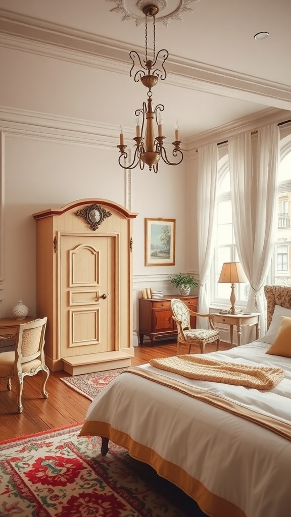 A vintage-style bedroom featuring a wooden wardrobe, elegant chandelier, and soft color palette.