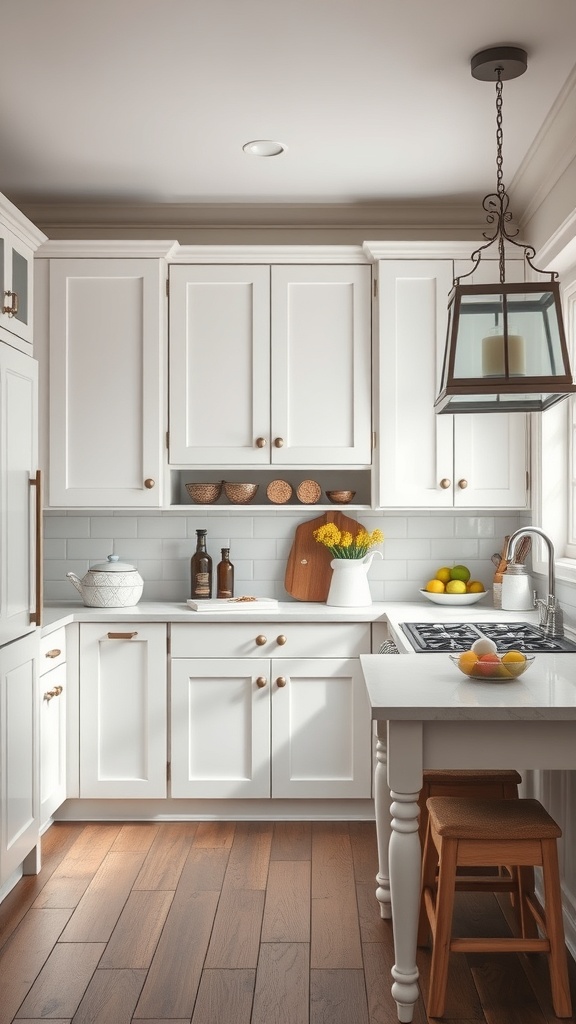 A vintage-inspired white kitchen with wooden floors and rustic decor.