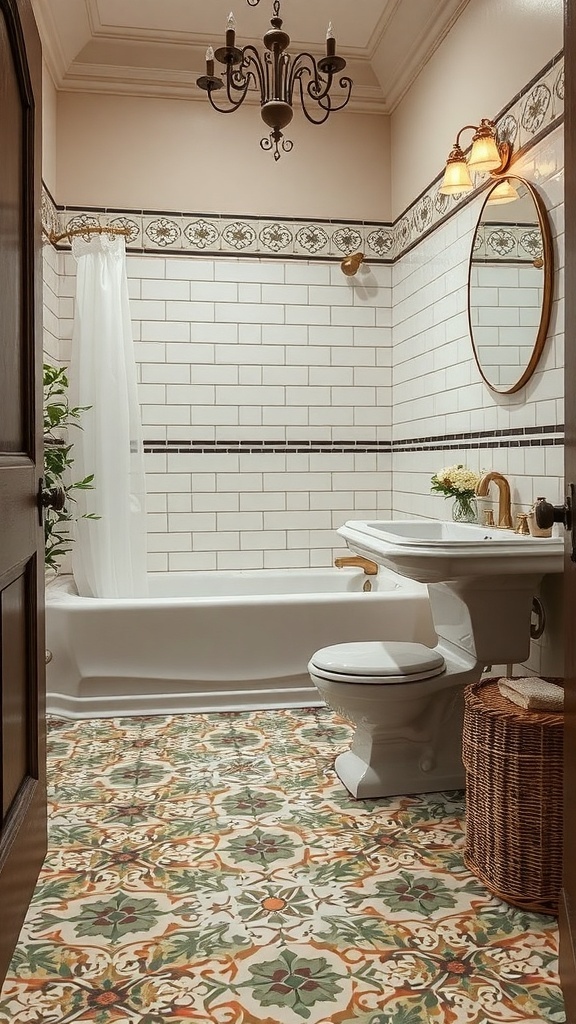 A vintage bathroom featuring encaustic tiles with floral patterns on the floor, a white bathtub, and classic fixtures.