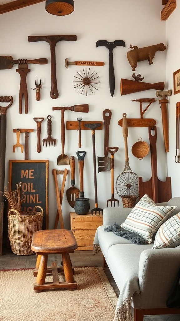 A wall decorated with various vintage farm tools, showcasing rustic charm.