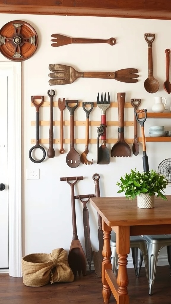 A wall decorated with vintage farm tools, including shovels, forks, and a wooden wheel, creating a rustic farmhouse look.