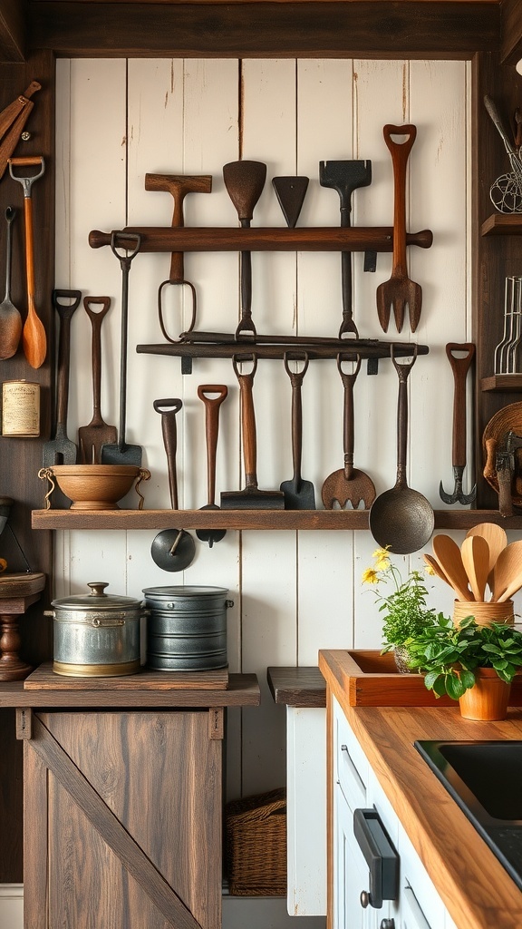 A collection of vintage farm tools displayed on a wooden shelf in a rustic kitchen.