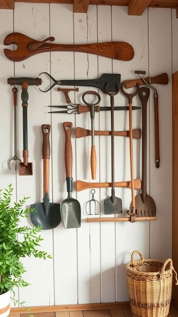 A collection of vintage farm tools displayed on a wooden wall, featuring various gardening implements and a potted plant.