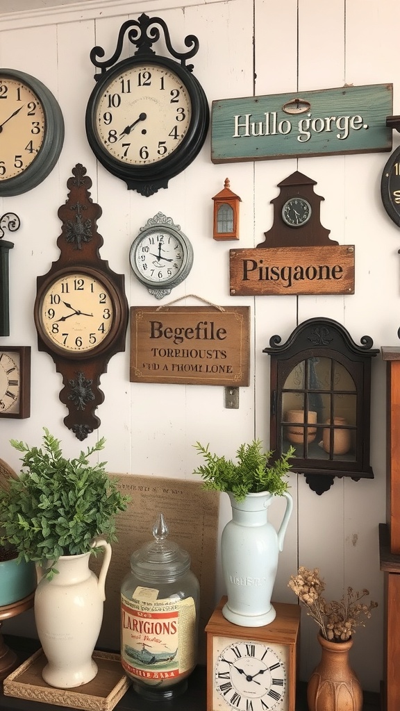 Cozy kitchen with vintage farmhouse accents, featuring wooden beams, clocks, and a warm color palette.