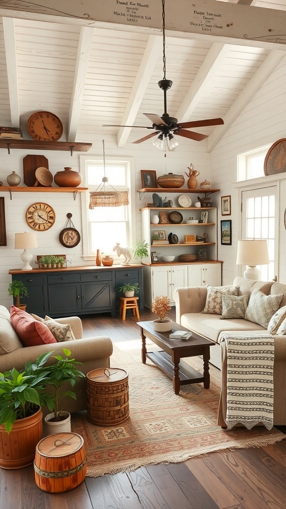 A cozy vintage farmhouse living room with rustic decor, comfortable seating, and warm colors.
