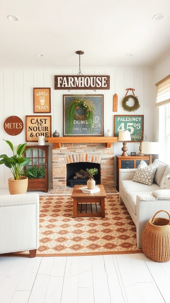 Cozy living room with vintage farmhouse decor featuring a fireplace, wooden furniture, and decorative accents.