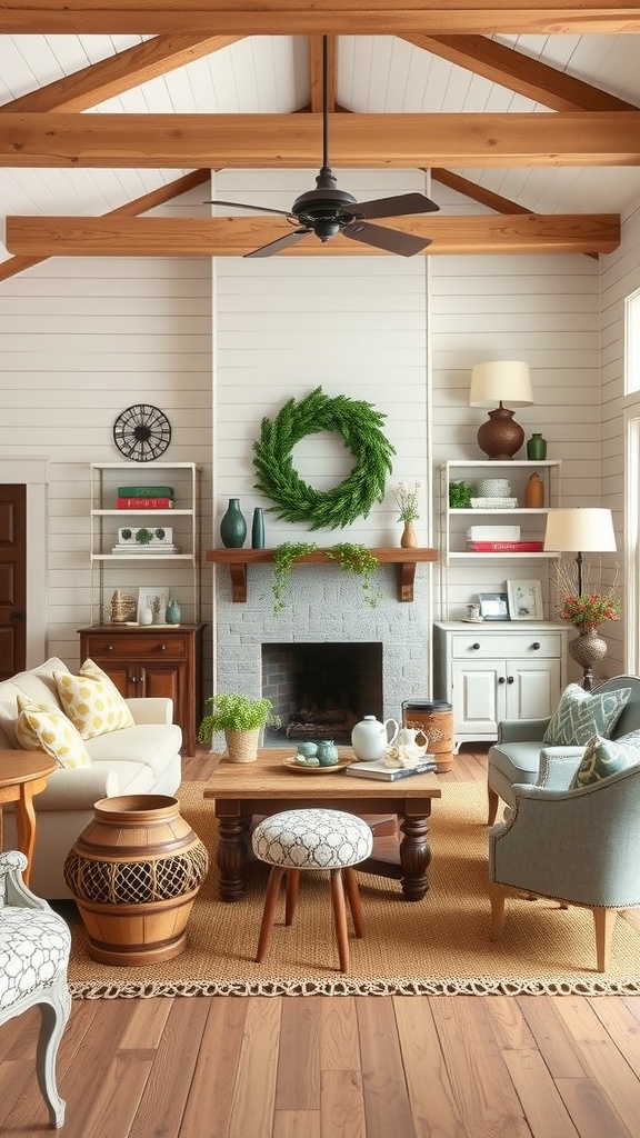 Cozy vintage farmhouse living room with rustic decor and warm colors.