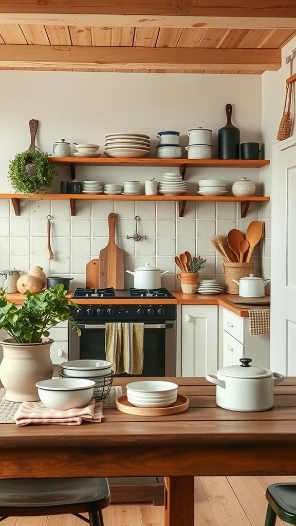 A vintage farmhouse kitchen with wooden shelves, classic dishware, and green plants.