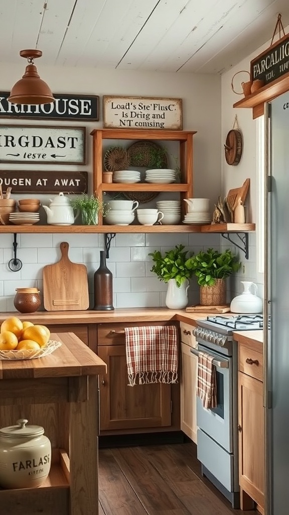 A cozy kitchen featuring vintage farmhouse signage, wooden shelves, and rustic decor.