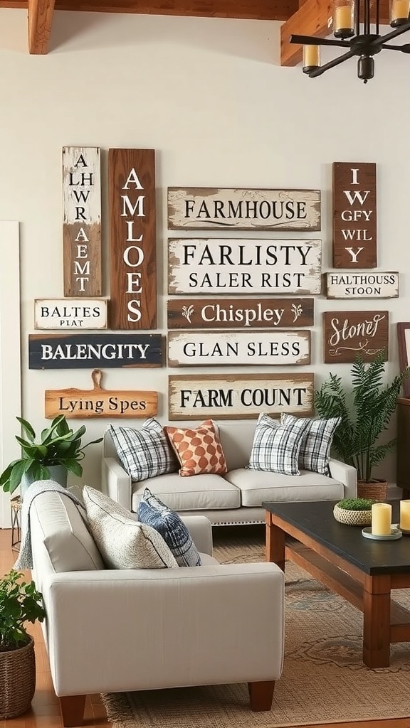 A collection of vintage farmhouse signs displayed on a wall above a cozy living room sofa.