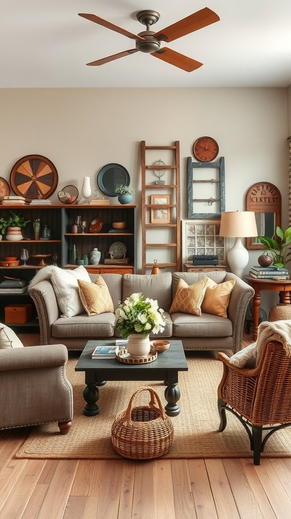 Cozy living room with vintage decor including a ladder, clocks, and woven baskets.