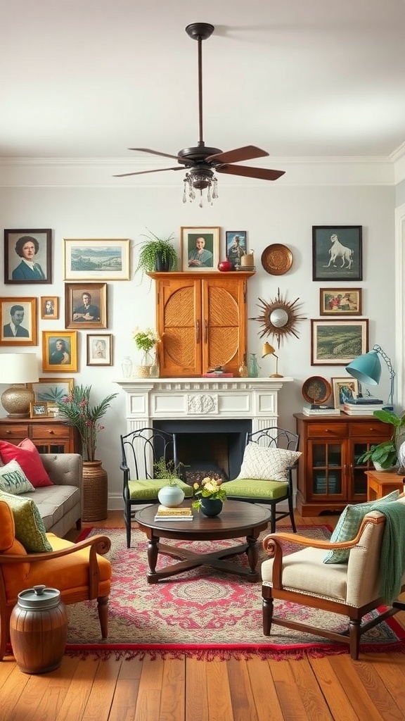 A cozy living room with vintage decor, featuring a gallery wall of framed art, a fireplace, and colorful furniture.