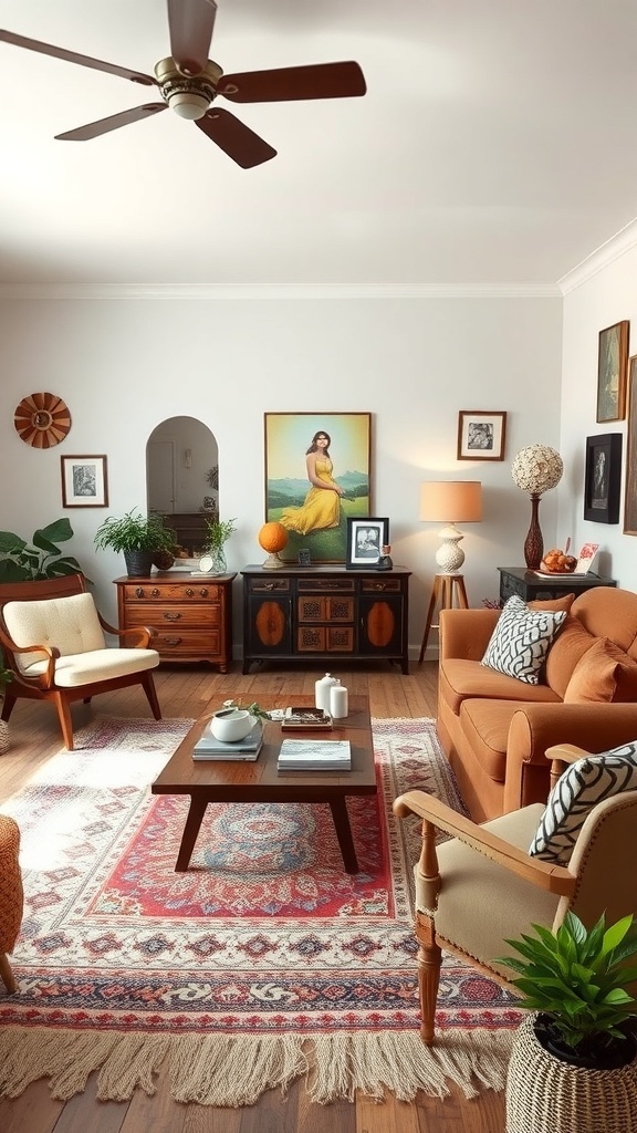 A cozy boho living room featuring vintage furniture, artwork, and a patterned rug.