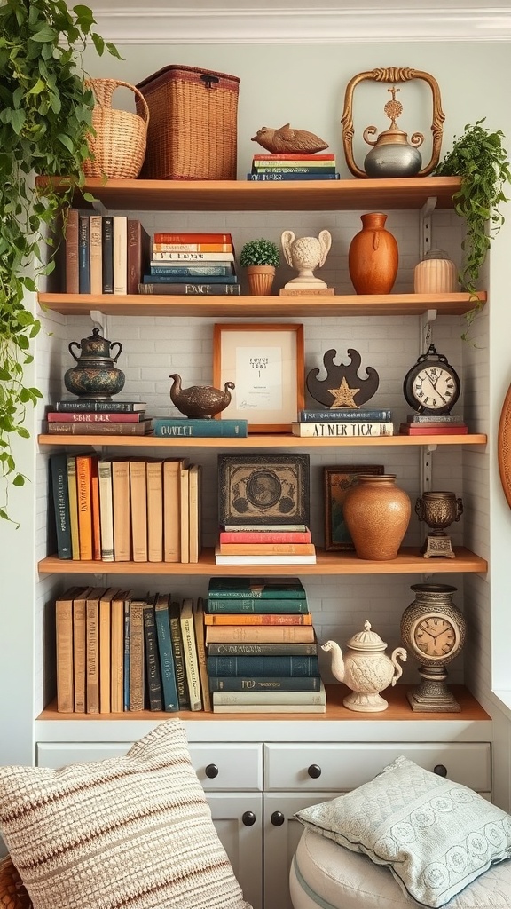 A cozy bookshelf filled with vintage books and eclectic decor items, including a teapot, clock, and plants.