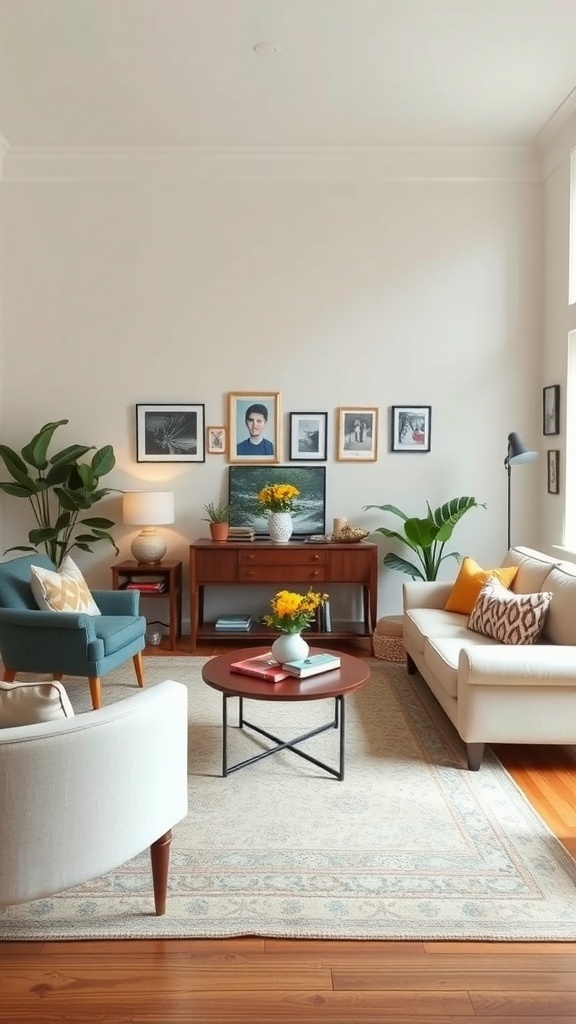 A cozy college living room featuring vintage furniture, framed artwork, and plants.