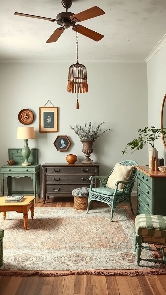 A cozy boho-style bedroom corner featuring vintage furniture in sage green tones, a wicker chair, and framed wall art.