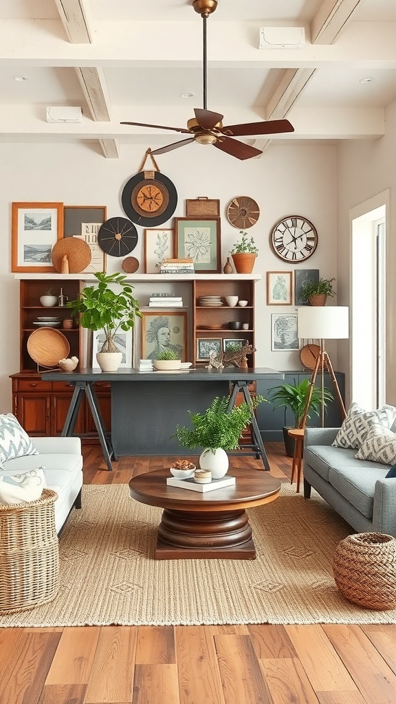 Cozy living room with vintage decor, featuring framed art, clocks, and a wooden coffee table.