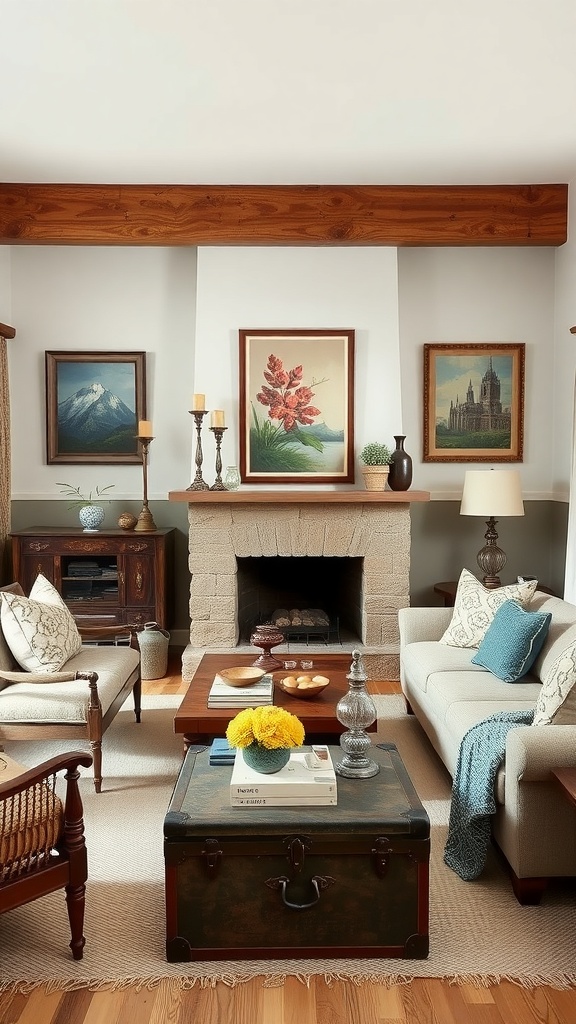 A rustic living room featuring vintage decor, including a wooden coffee table, framed artwork, and a cozy seating arrangement.