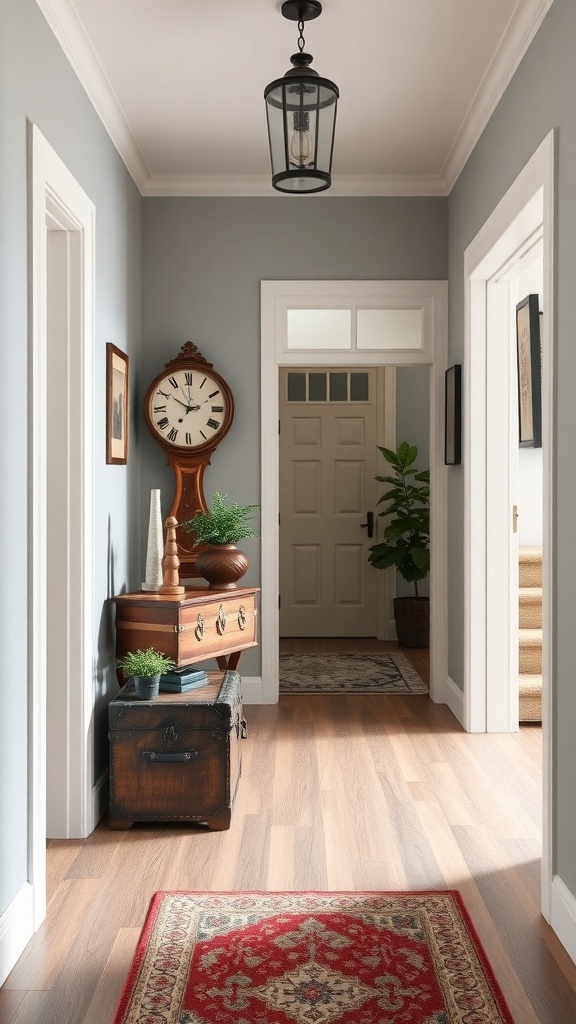 A stylish hallway featuring vintage decor, including a wooden clock, an antique chest, and a patterned rug.