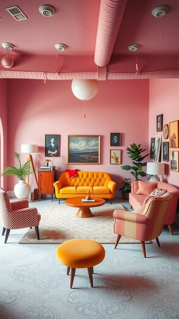 A vibrant living room featuring vintage furniture with modern decor elements.