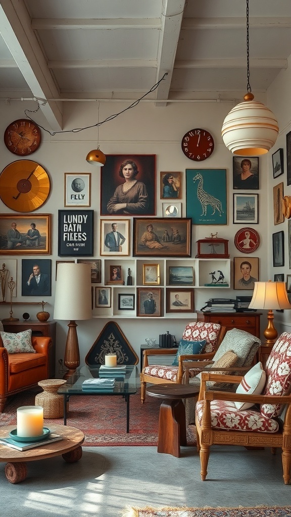 A cozy room featuring vintage decor with a mix of framed art, retro furniture, and unique lighting.