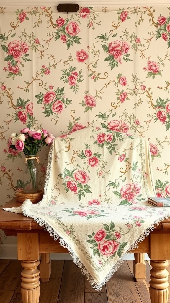 A table with a floral fabric draped over it, surrounded by a vase of pink roses and floral wallpaper.