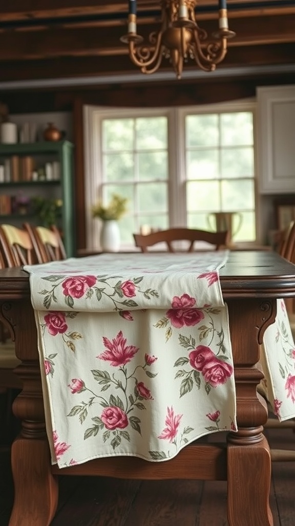 A vintage floral table runner with pink roses on a rustic wooden dining table.