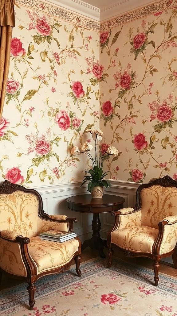 Cozy interior corner with vintage floral wallpaper, elegant armchairs, and a small side table.