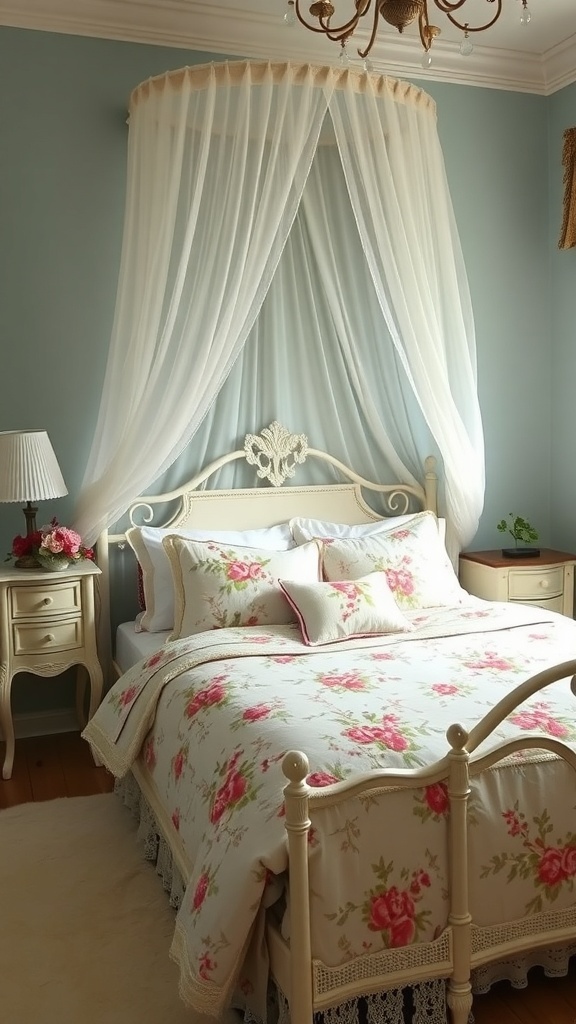 A cozy bedroom with vintage floral bedding and a sheer canopy.