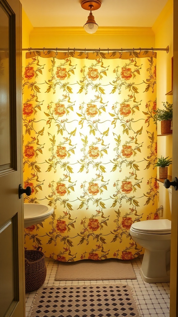 A vintage floral shower curtain in a yellow bathroom setting.